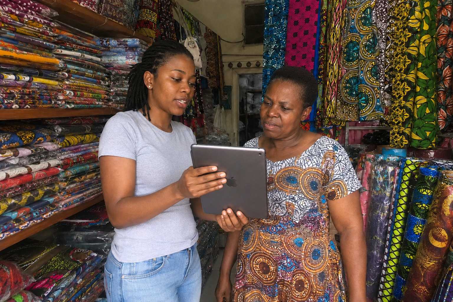 Two women reviewing a tablet in an African textile shop